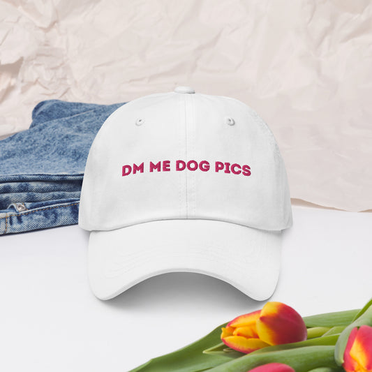 DM Me Dog Pics Dad Hat (White)